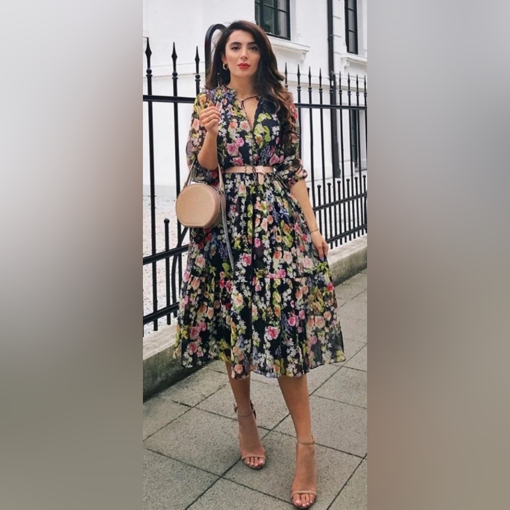 Zara Black Floral Midi Dress- once used; oversized can fit medium to semi large